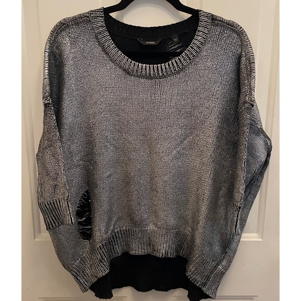 Guess Metallic Silver Black Distressed Knit Sweater Womens L Chunky Oversized